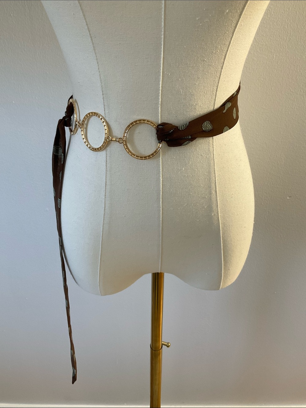 Brown Polka Dot Scarf belt with Gold Hoop Accents
